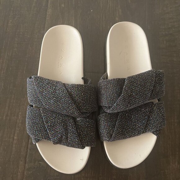 Zara Trafaluc black metallic strap slide sandals comfortable slides casual Sz 37 - Picture 3 of 9